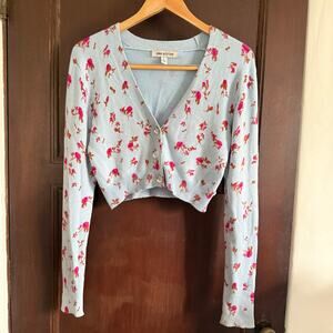 URBAN OUTFITTERS | Baby Blue Floral Cropped Cardigan with Gem Buttons | Large